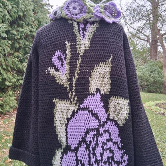 Black Long Sweater with Light Purple Rose and Scarf XL Plus - Picture 8 of 11